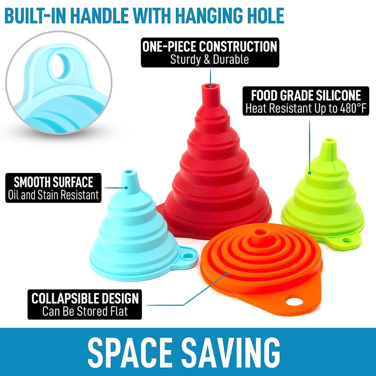 4 pcs Space Saving Collapsible Silicone Funnels Set