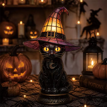 Gothic Stained Glass Witch Black Cat Table Lamp