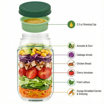 Side-Opening Salad Jar – Portable Meal Prep Container with Dressing Cup